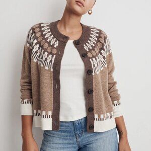 Madewell Fair Isle Frankfort Cardigan Sweater Button Front Brown Tan White
